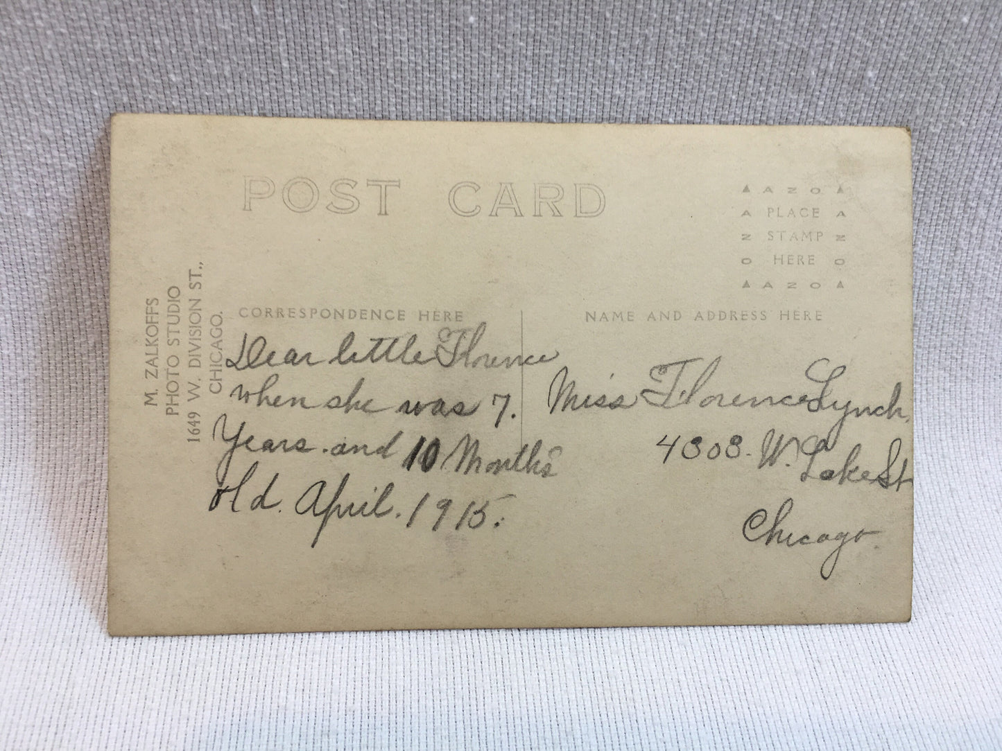 1915 RPPC Real Photo Postcard Little Girl, Florence age 7 years 10 months