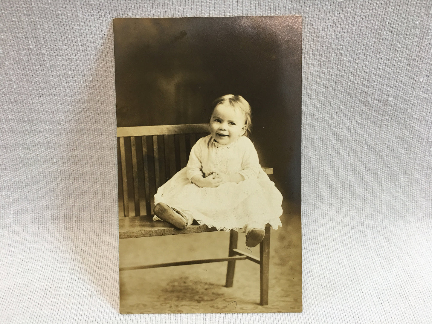 1916 RPPC Real Photo Postcard Cute Toddler on Bench, Betty Adams