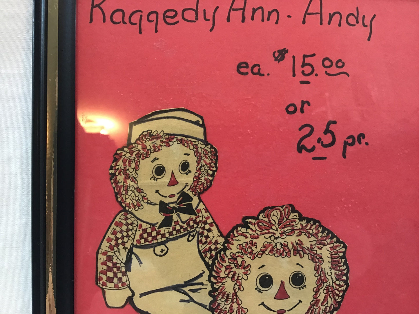 Folk Art Appeal Raggedy Ann and Andy Sale Price Display Sign Advertising