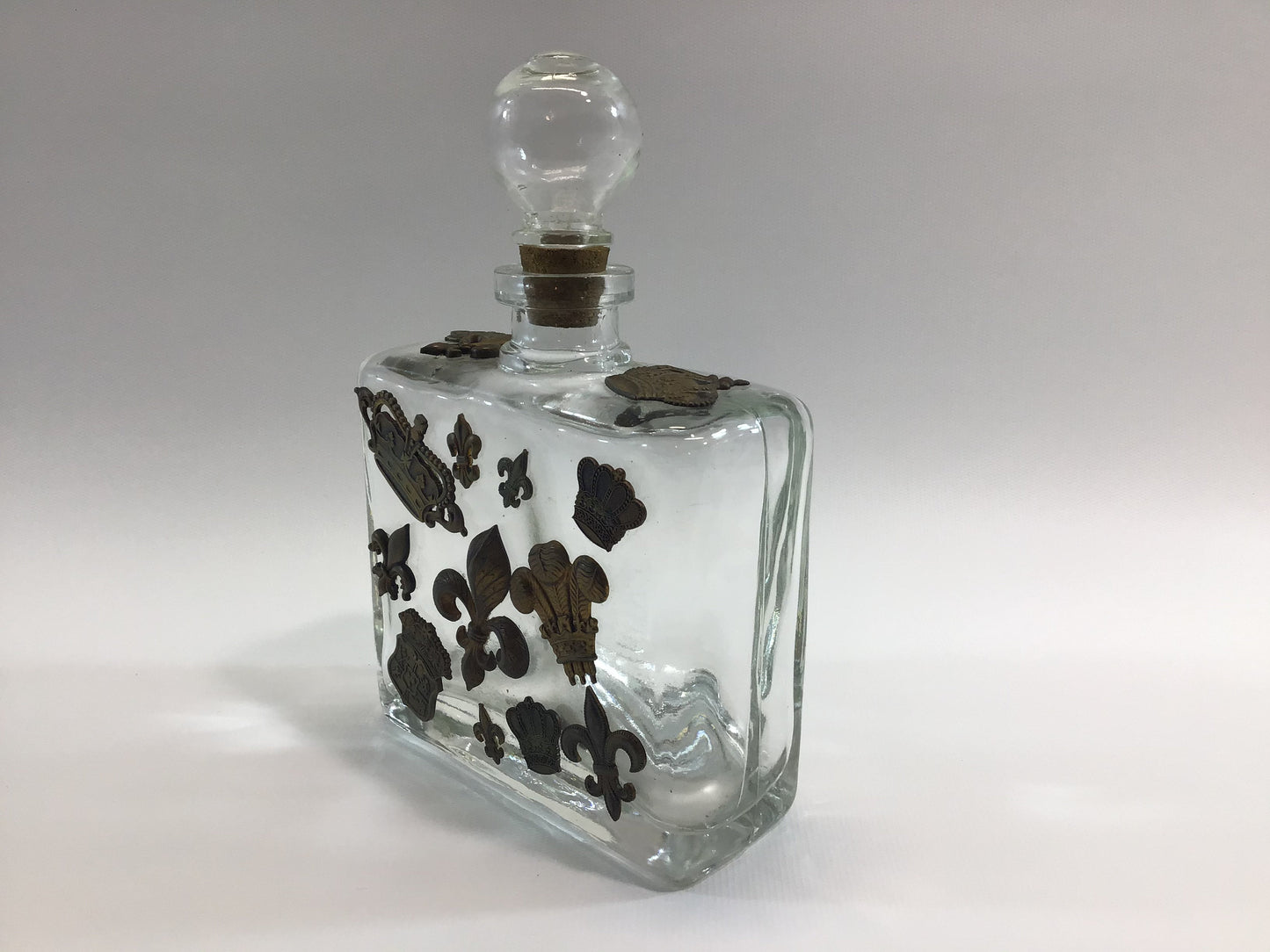 Perfume Bottle / Decanter Metal Embellishments Vanity or Barware Fleur-de-lis and Crown