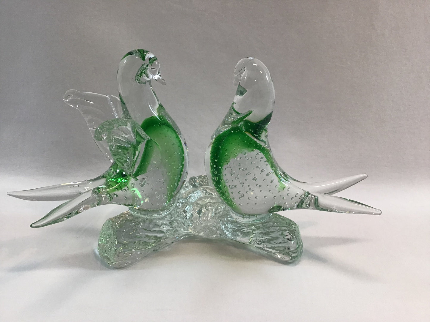 Art Glass Sculpture Nesting Love Birds Figurine Green Controlled Bubble