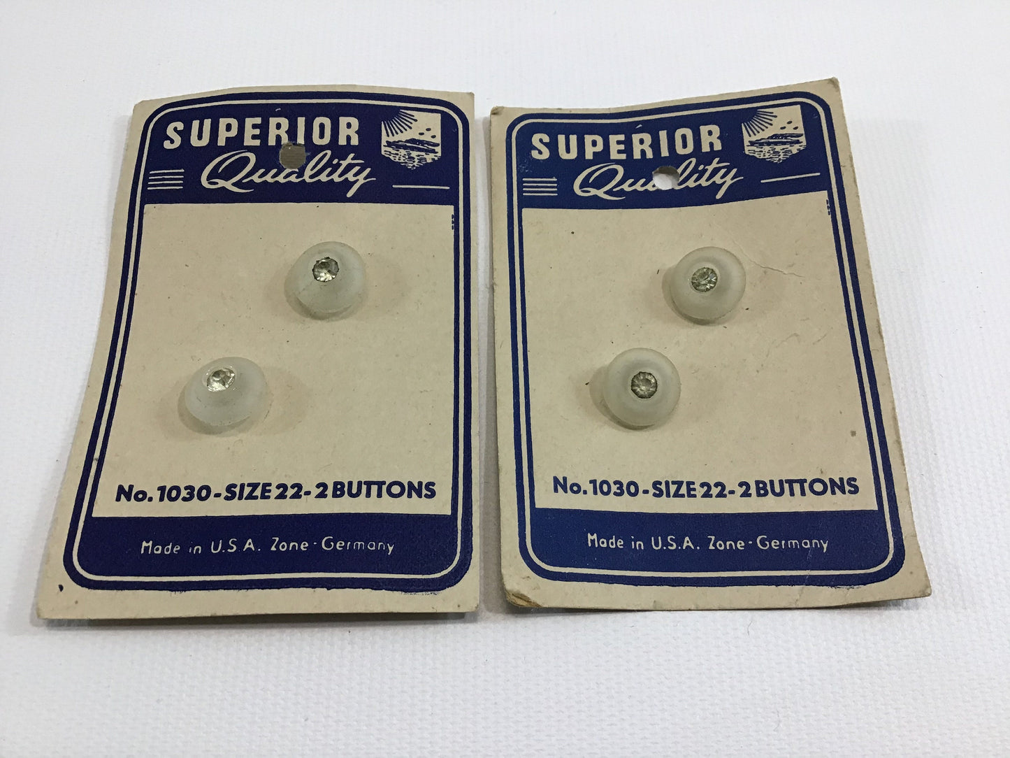Vintage Superior Quality Buttons on Card Sewing Notions Frosted White with Rhinestone Center