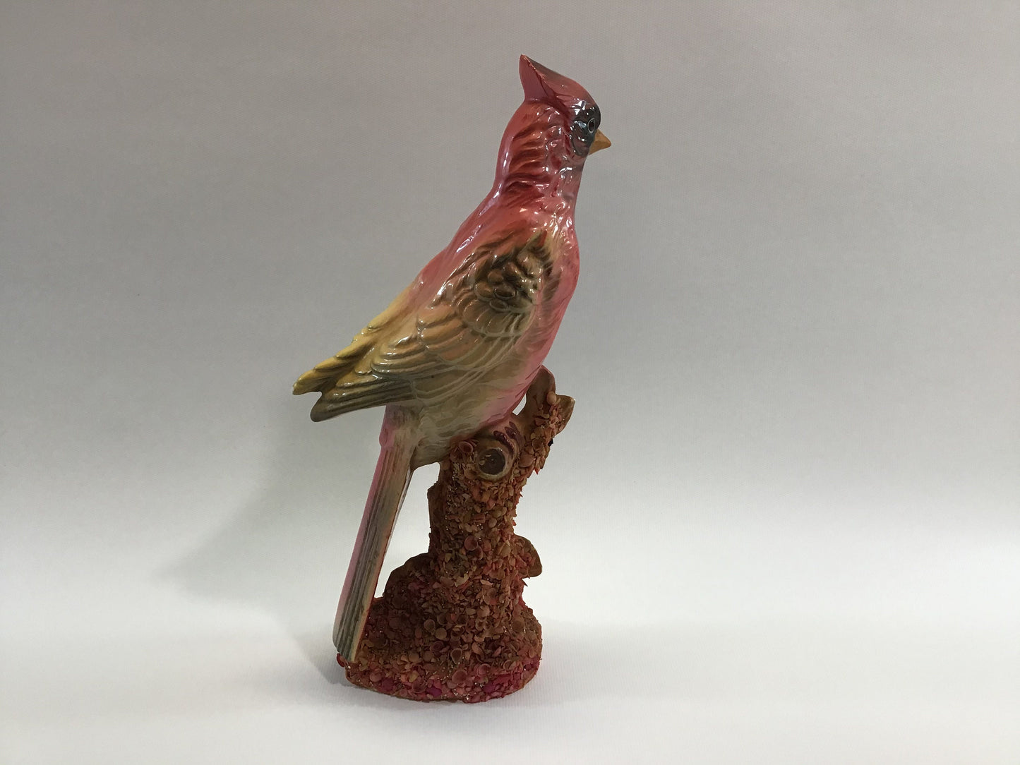 Vintage Cardinal Bird Ceramic Figurine Tall 15" Encrusted with Seashells on Base