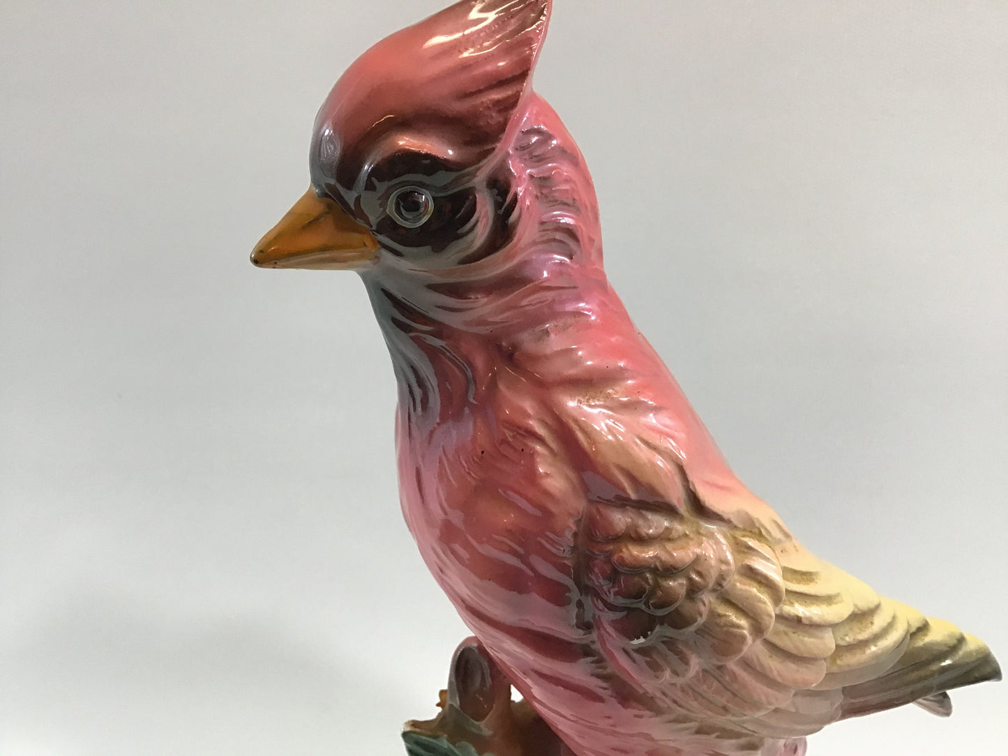 Vintage Cardinal Bird Ceramic Figurine Tall 15" Encrusted with Seashells on Base