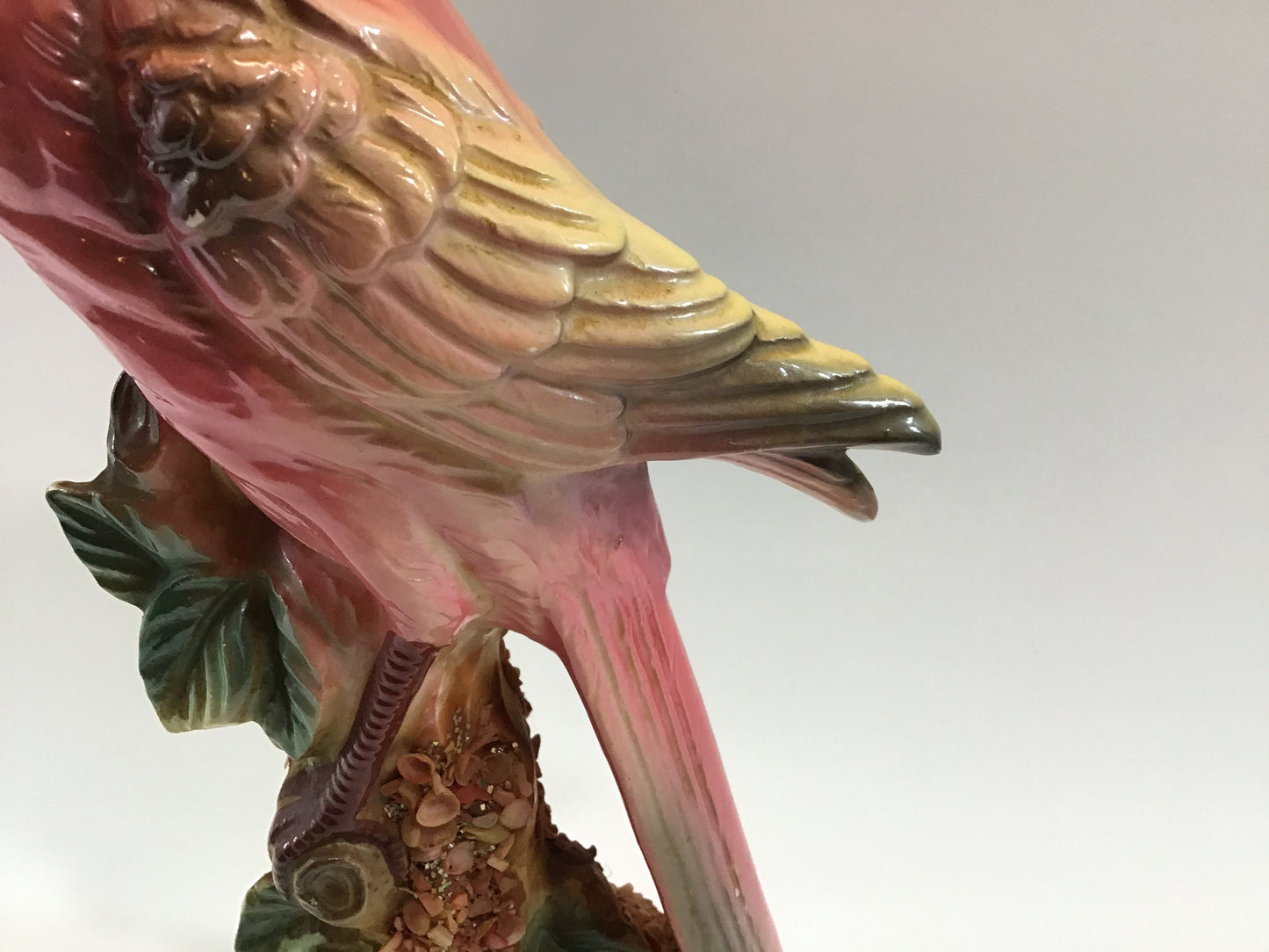 Vintage Cardinal Bird Ceramic Figurine Tall 15" Encrusted with Seashells on Base