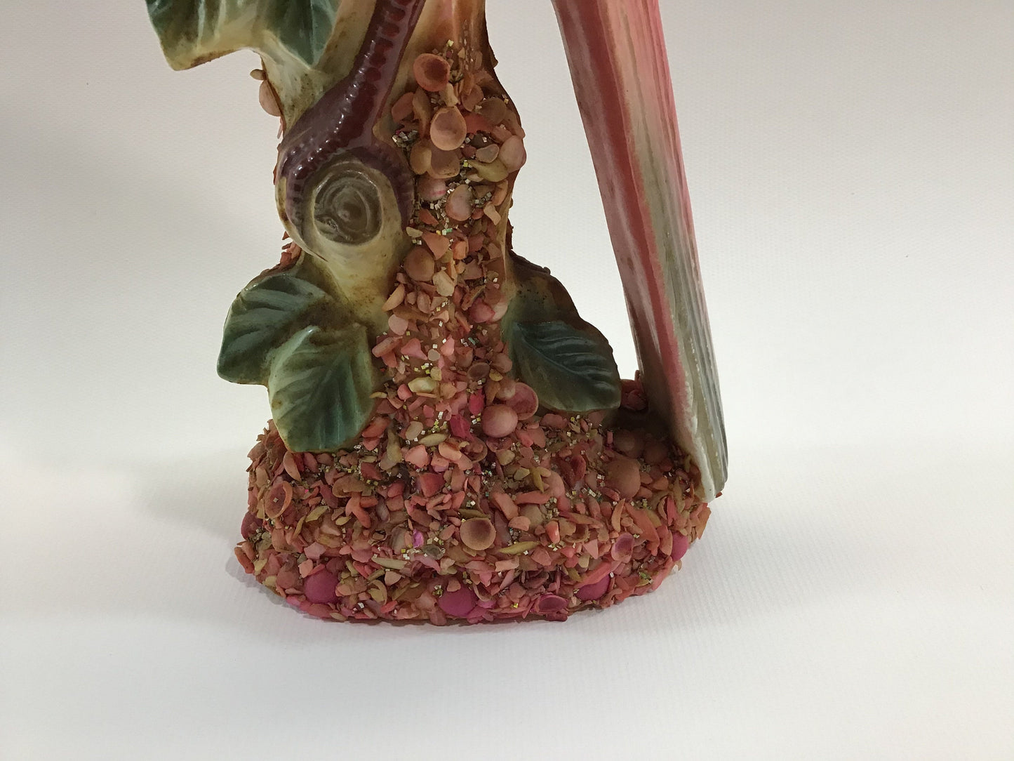 Vintage Cardinal Bird Ceramic Figurine Tall 15" Encrusted with Seashells on Base