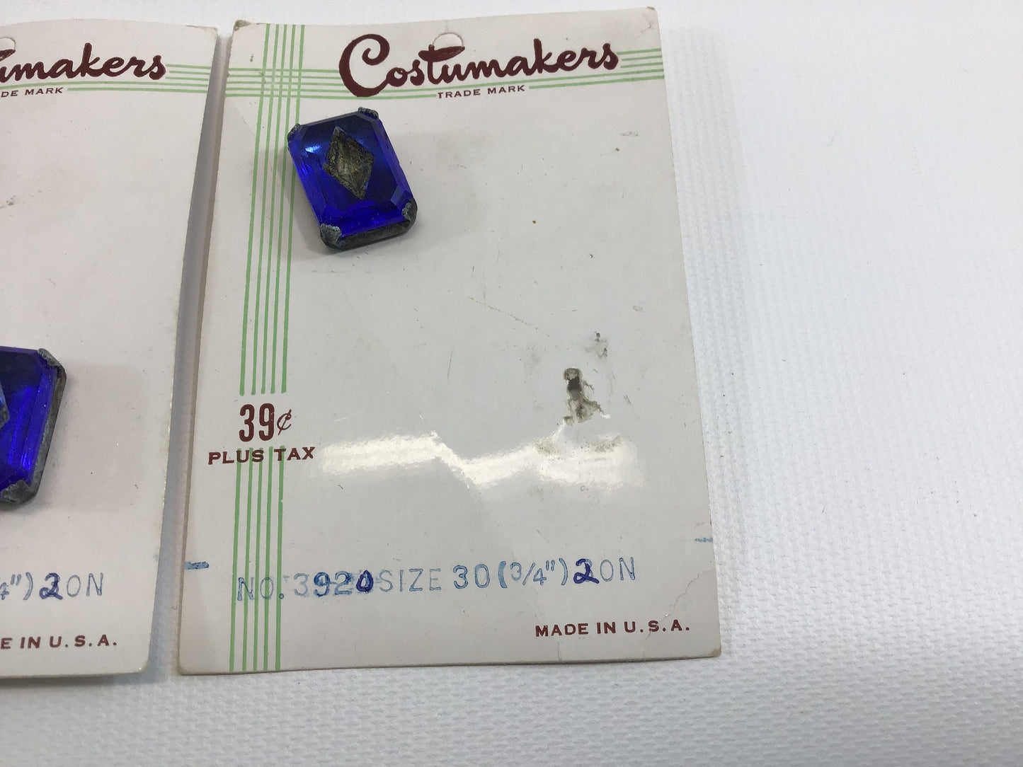 Vintage Costumakers Buttons on Card Sewing Notions Blue Faceted Rhinestone