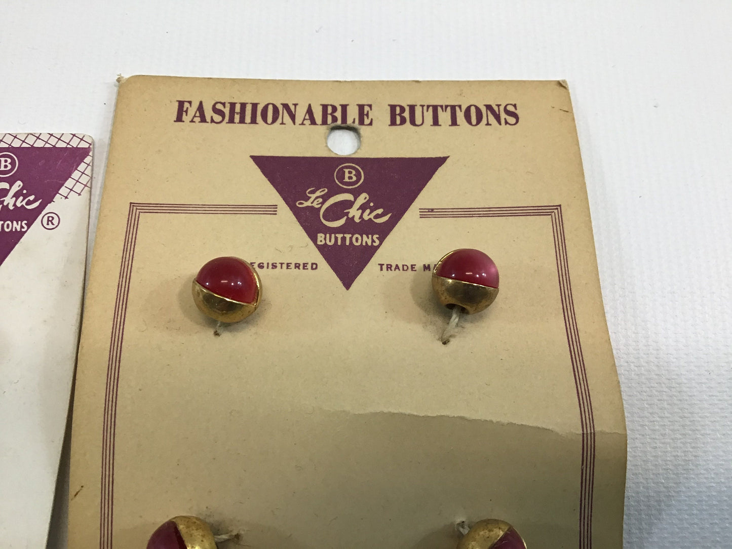Vintage Le Chic Buttons on Card Sewing Notions Red and Gold Tone Ball