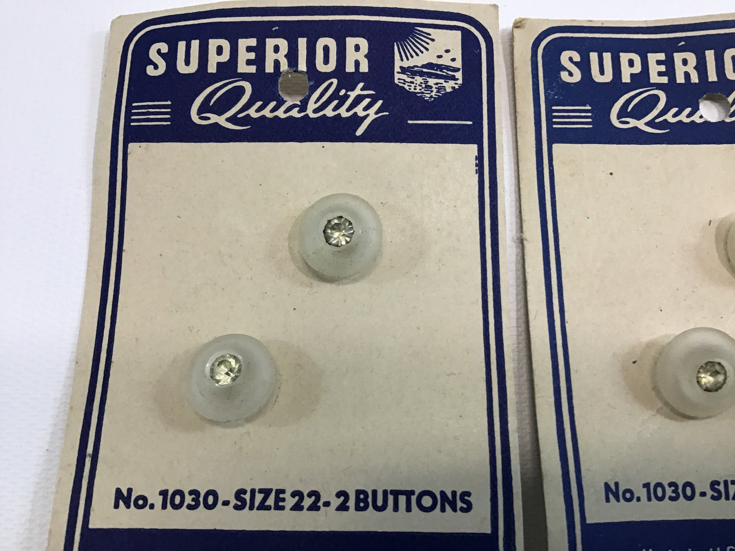 Vintage Superior Quality Buttons on Card Sewing Notions Frosted White with Rhinestone Center