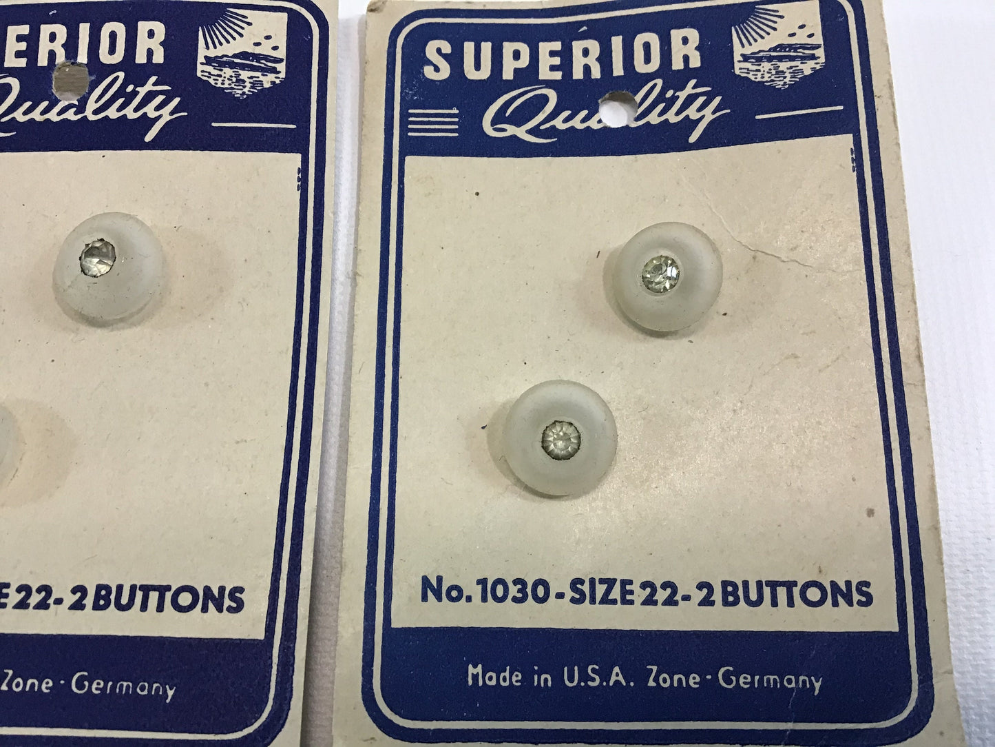 Vintage Superior Quality Buttons on Card Sewing Notions Frosted White with Rhinestone Center