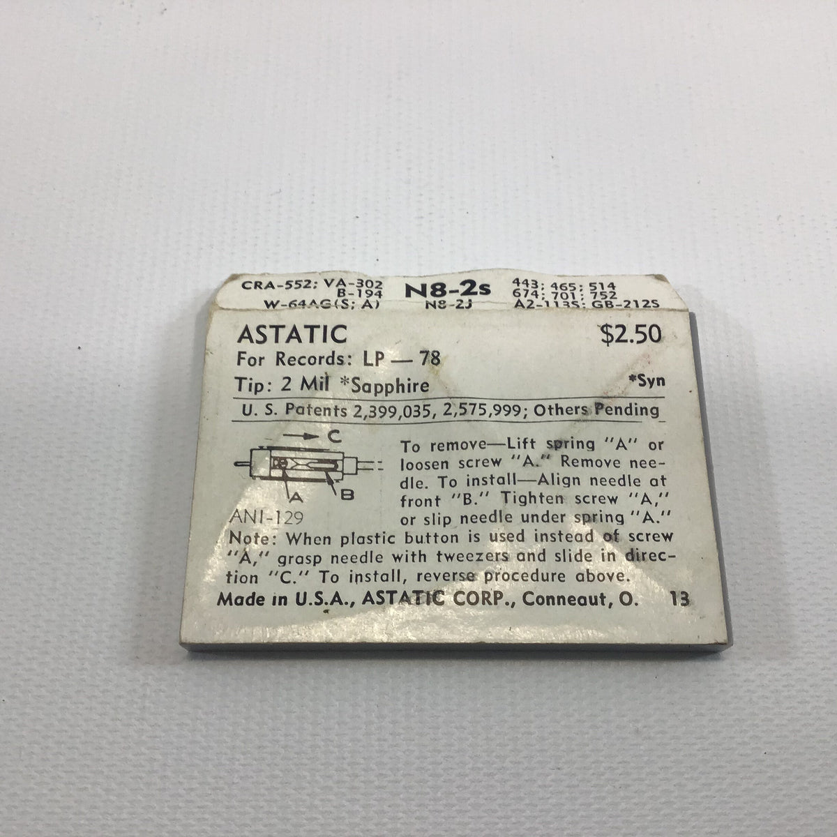 Phono Turntable Stereo Needle Vintage NOS Aststic Sapphire Model N8-2s