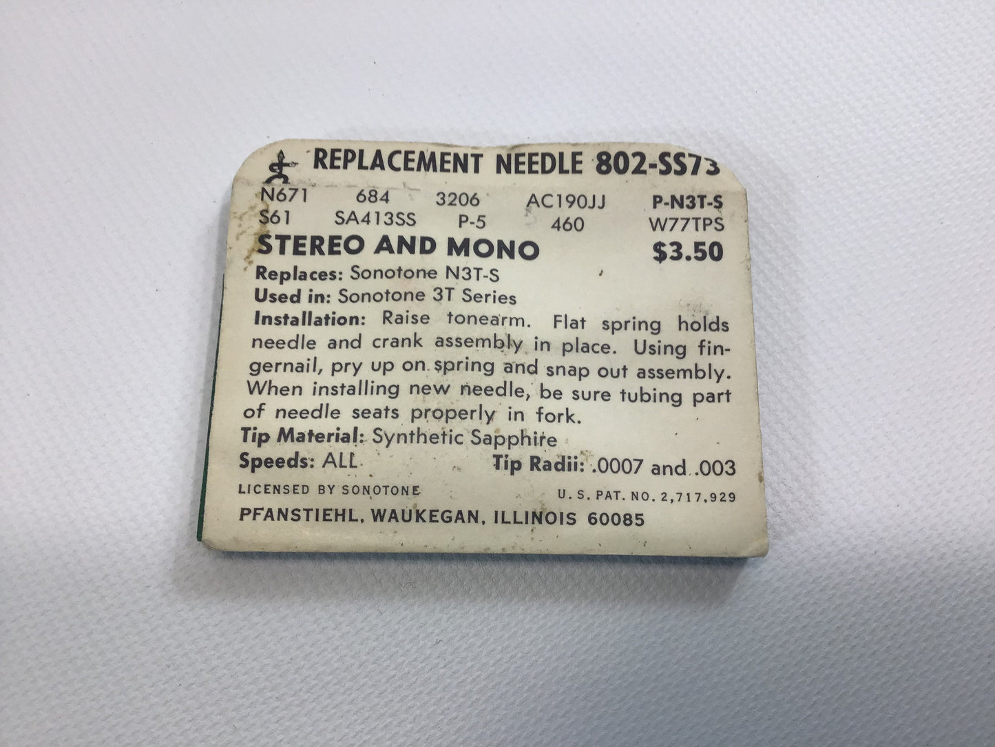 Phono Turntable Stereo Needle Vintage NOS Pfanstiehl Model 802-SS73