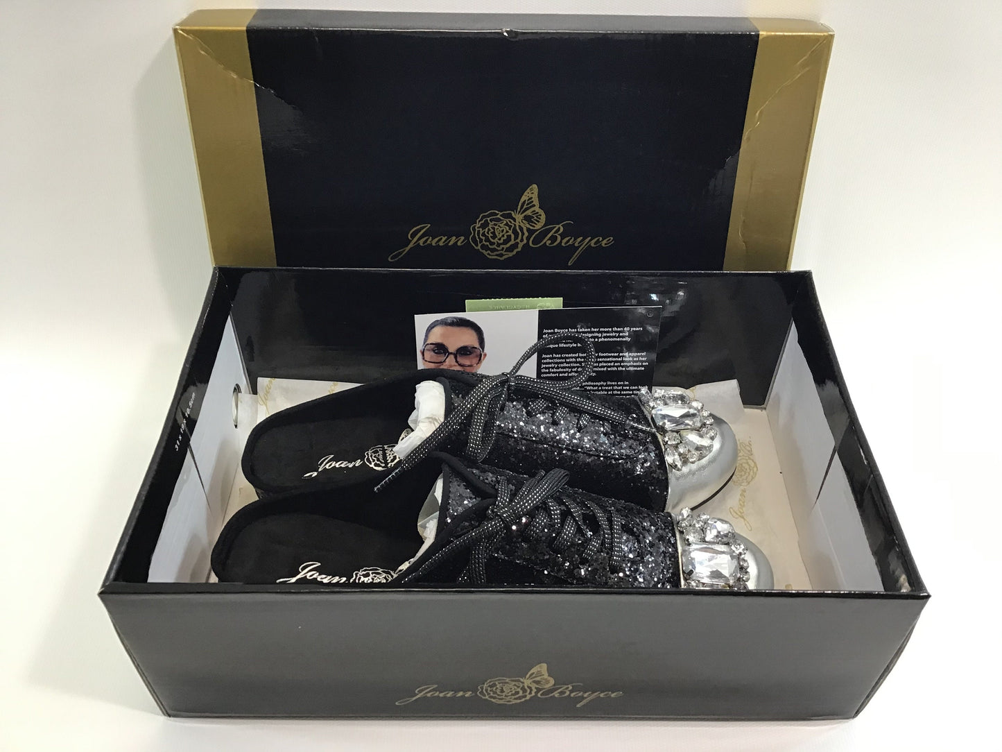 NIB Joan Boyce Denise Black Glitter & Silver Jeweled Flats Shoes Size 7 W
