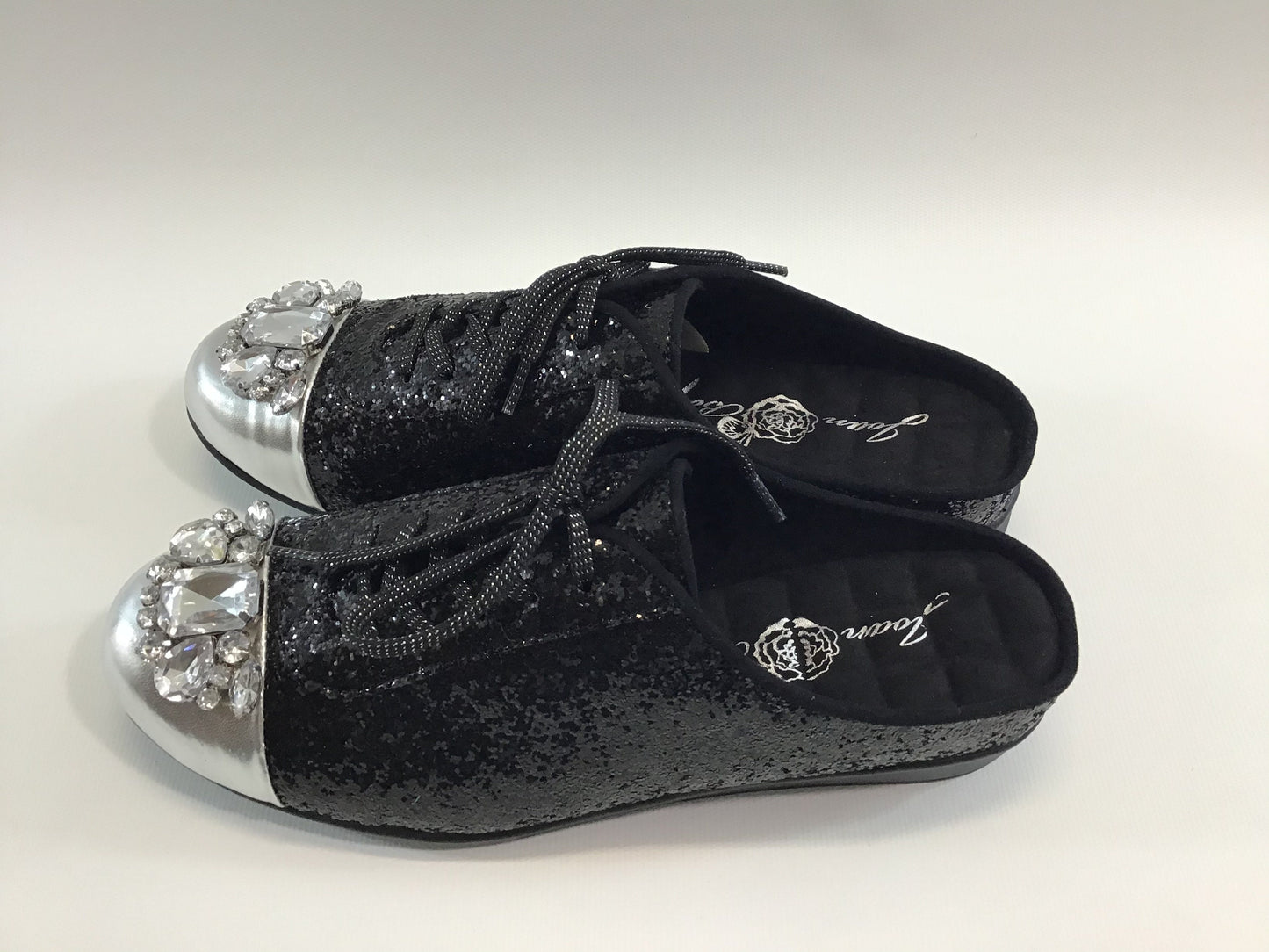 NIB Joan Boyce Denise Black Glitter & Silver Jeweled Flats Shoes Size 7 W
