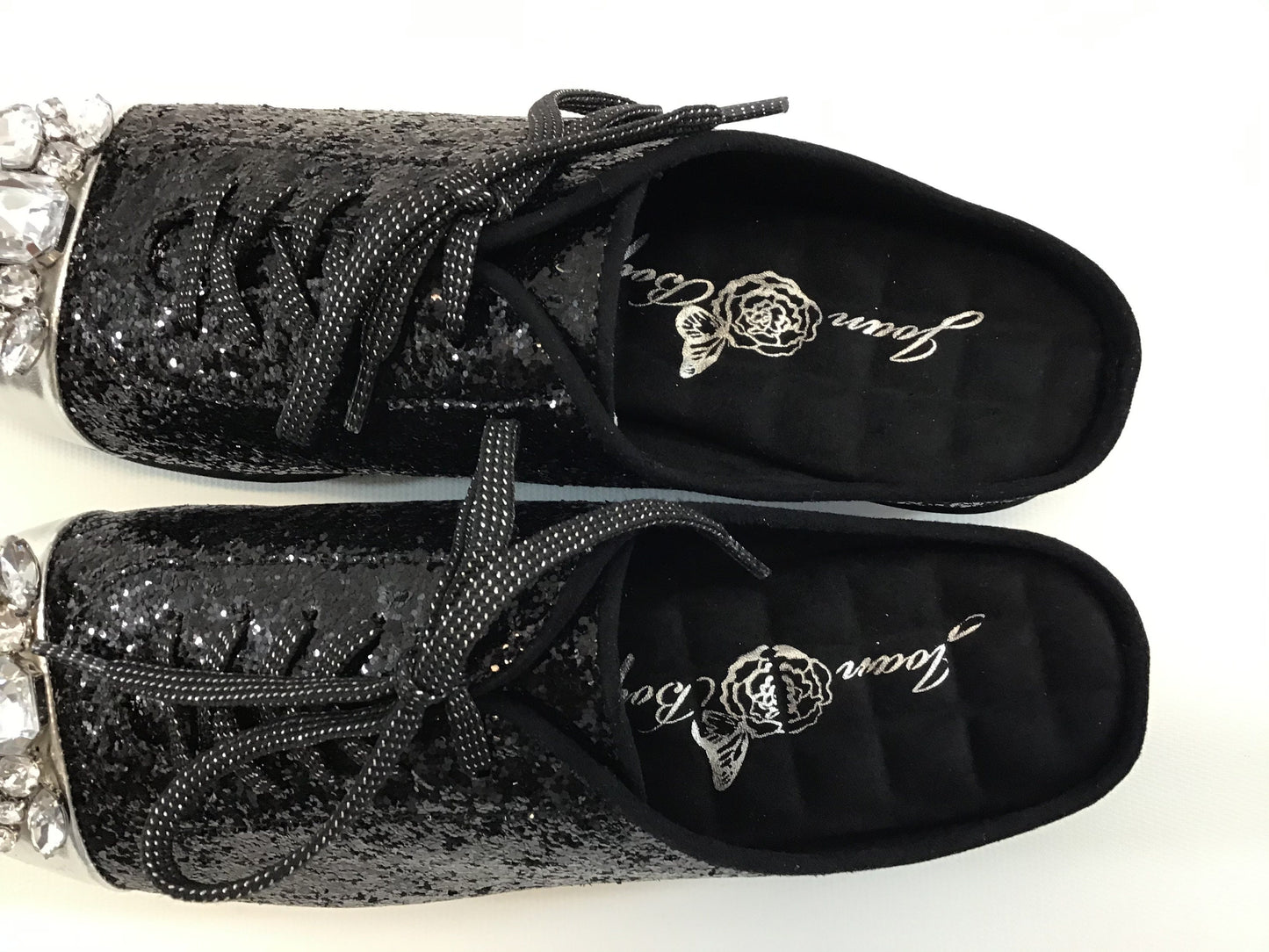 NIB Joan Boyce Denise Black Glitter & Silver Jeweled Flats Shoes Size 7 W
