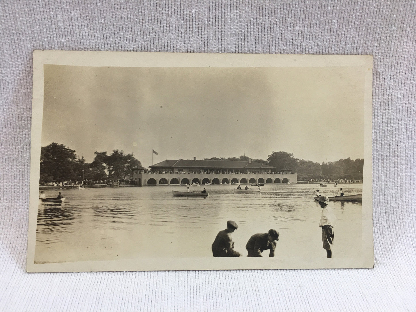Antique RPPC Real Photo Postcard, Lake Scene, People Boating