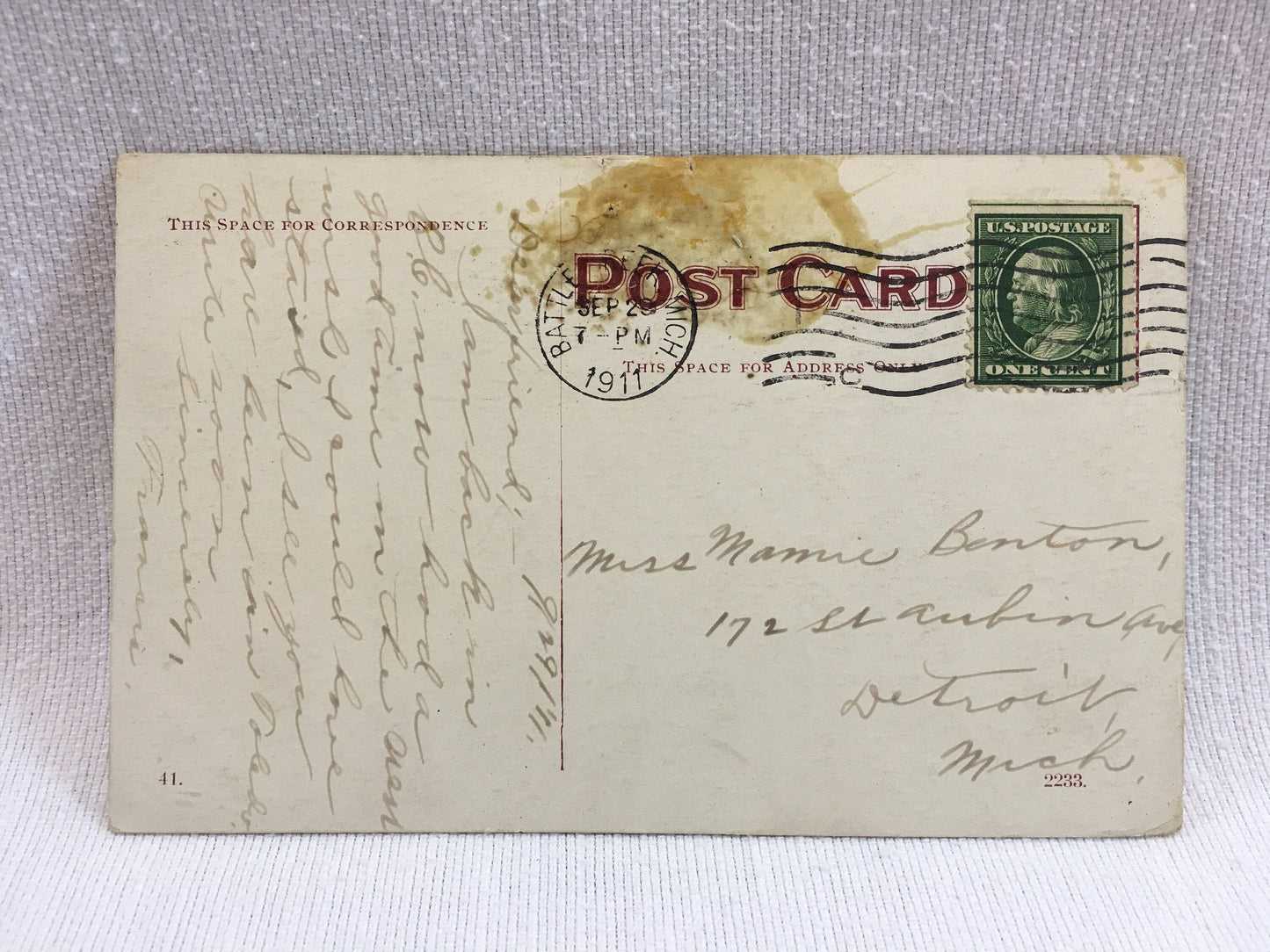 Antique Postcard 1911 Jefferson St. Trolley Battle Creek, Michigan