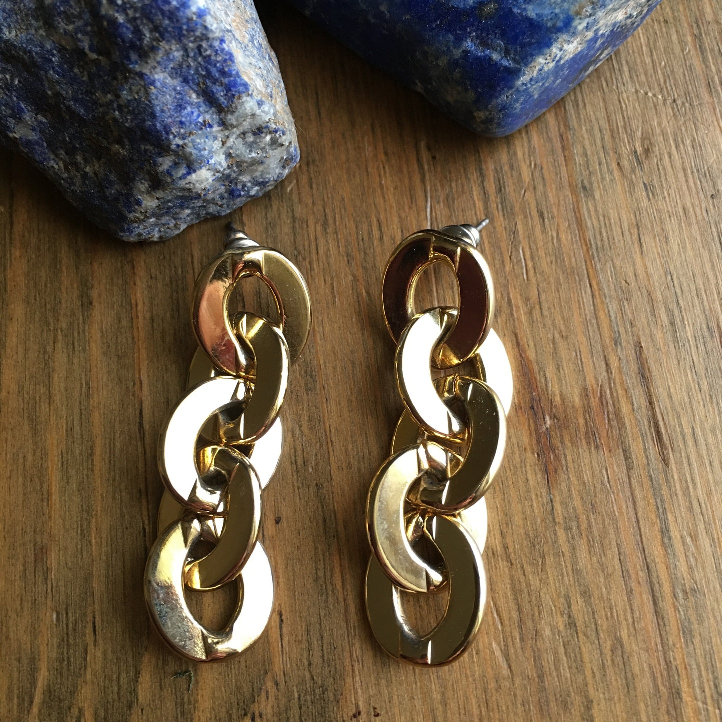 Chunky Chain Stud Earrings Gold Tone Everyday Evening Statement Flat
