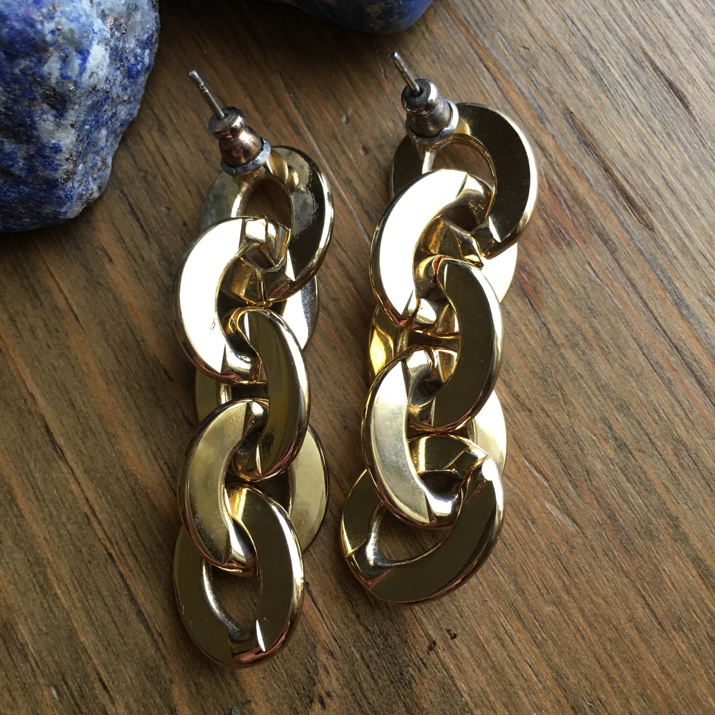 Chunky Chain Stud Earrings Gold Tone Everyday Evening Statement Flat