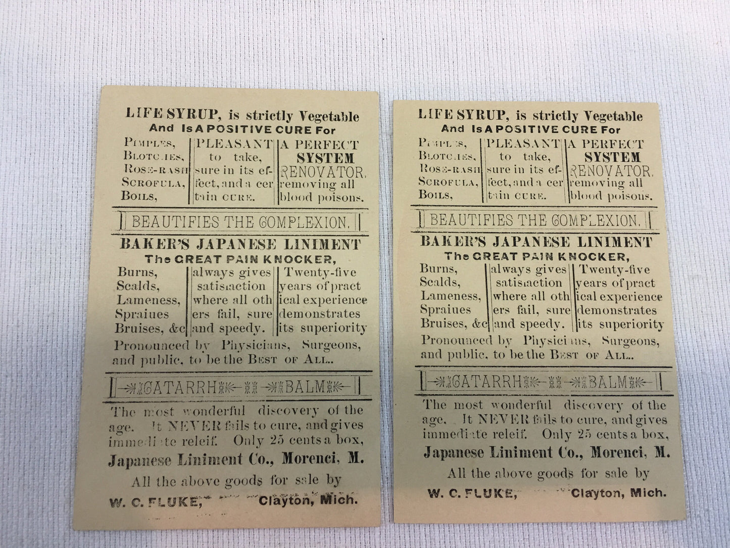 Antique Advertising Medicine Trade Cards Life Syrup & Baker's Japanese Liniment Red Home Decor Wall Shelf Art