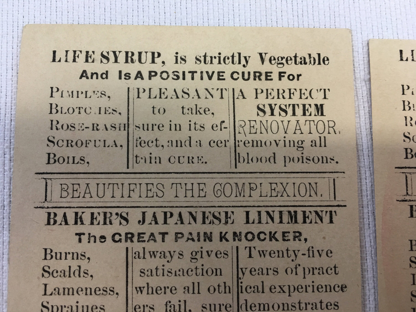 Antique Advertising Medicine Trade Cards Life Syrup & Baker's Japanese Liniment Red Home Decor Wall Shelf Art