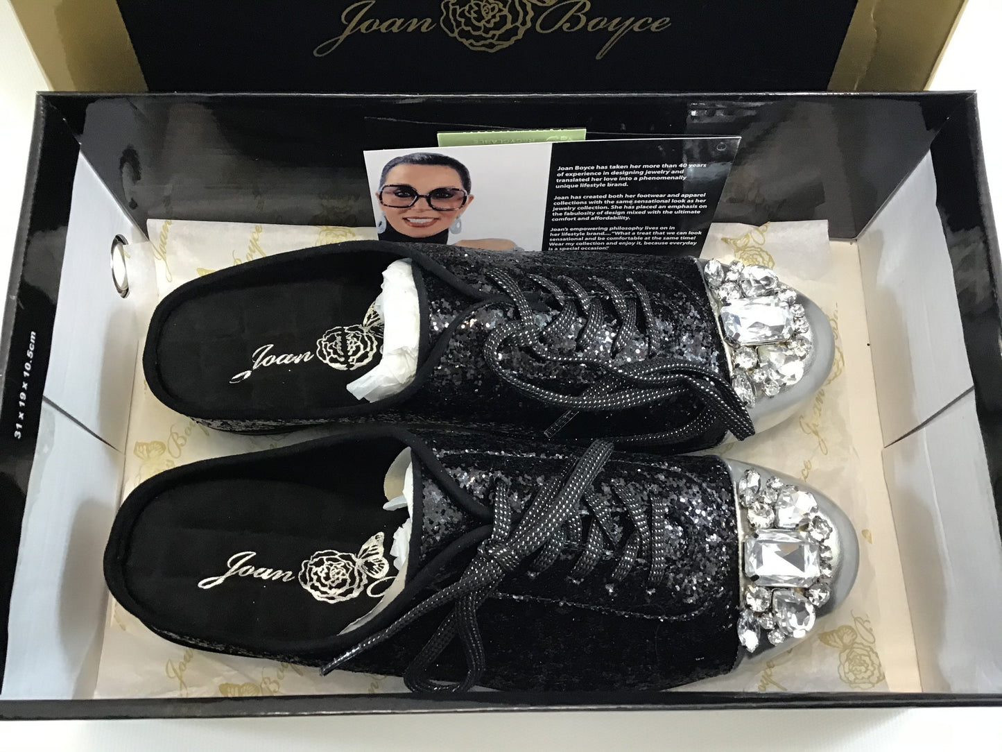 NIB Joan Boyce Denise Black Glitter & Silver Jeweled Flats Shoes Size 7 W