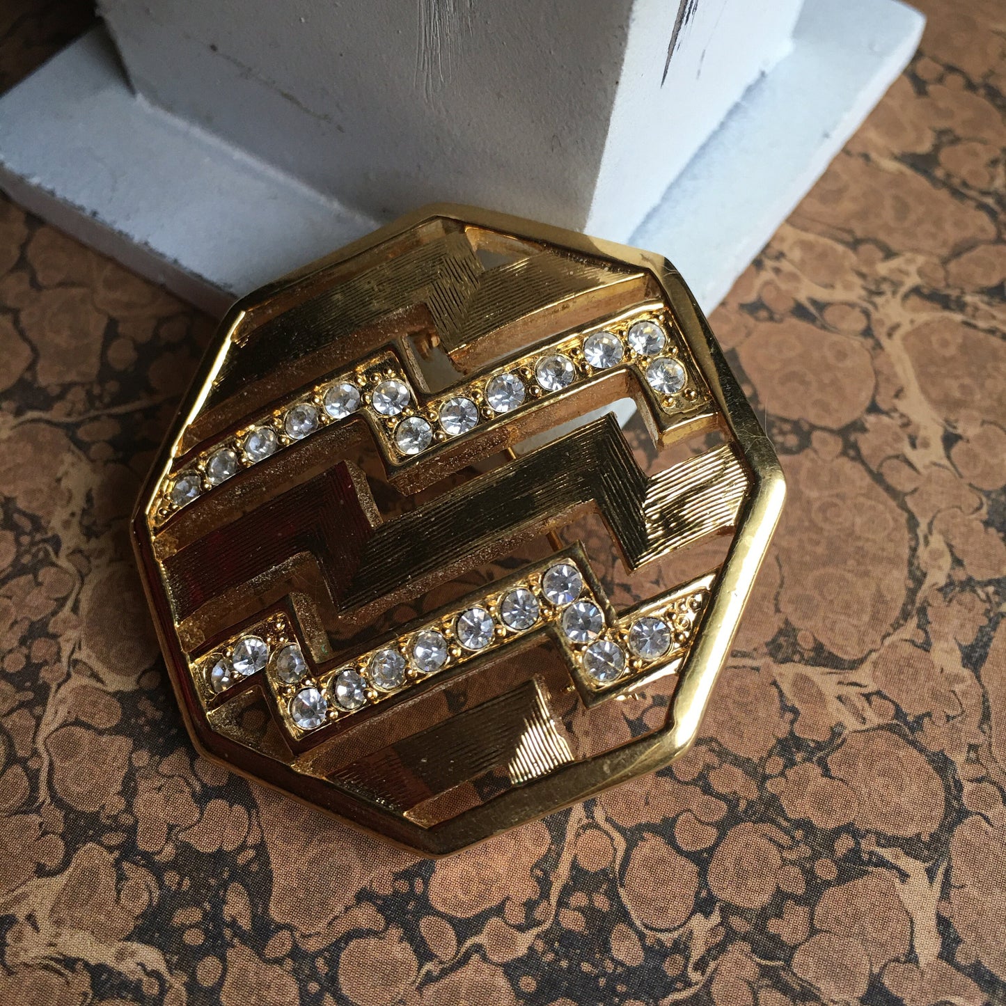 Vintage Gold Tone Rhinestone Brooch Clear White Signed Lady Remington
