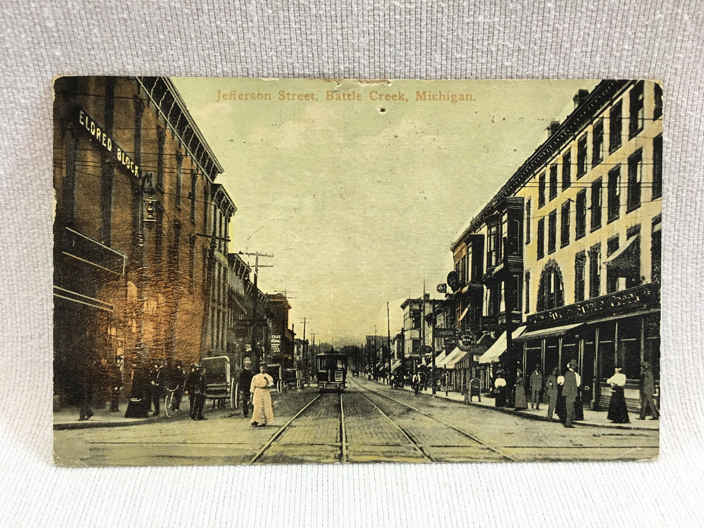 Antique Postcard 1911 Jefferson St. Trolley Battle Creek, Michigan