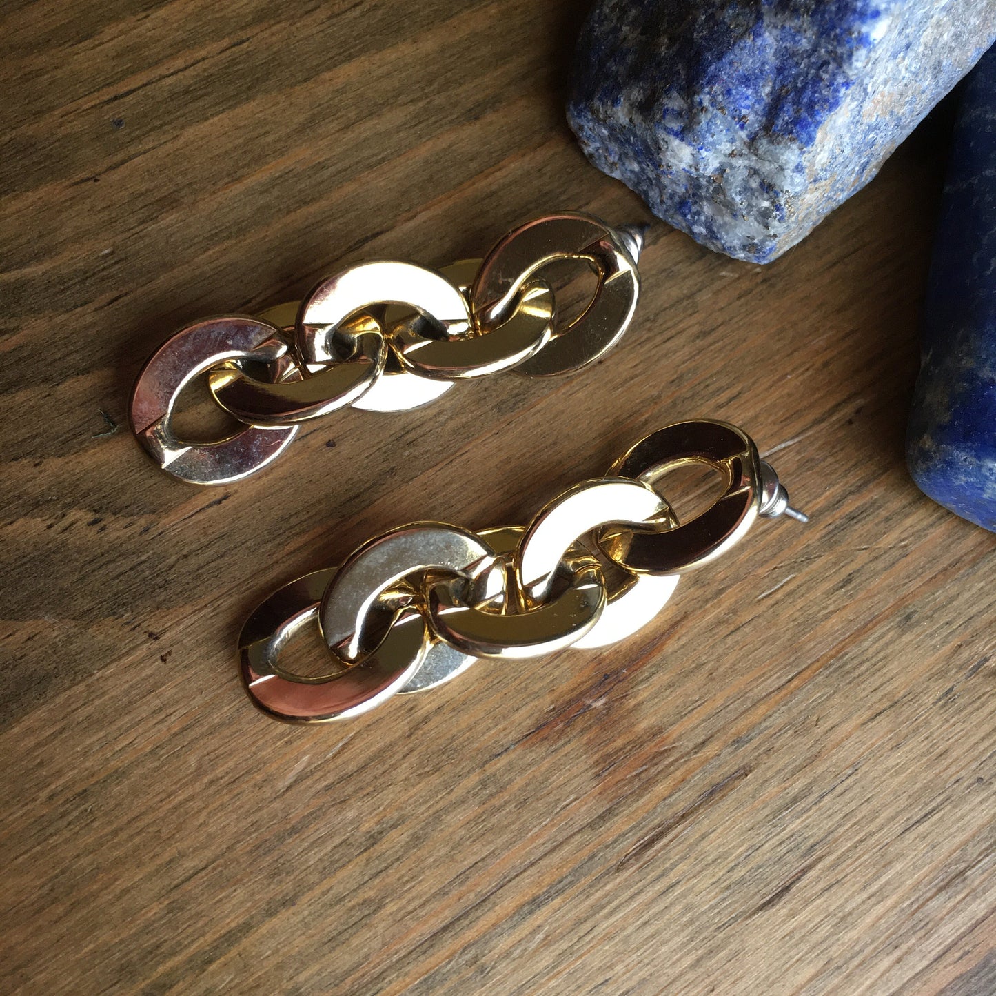 Chunky Chain Stud Earrings Gold Tone Everyday Evening Statement Flat