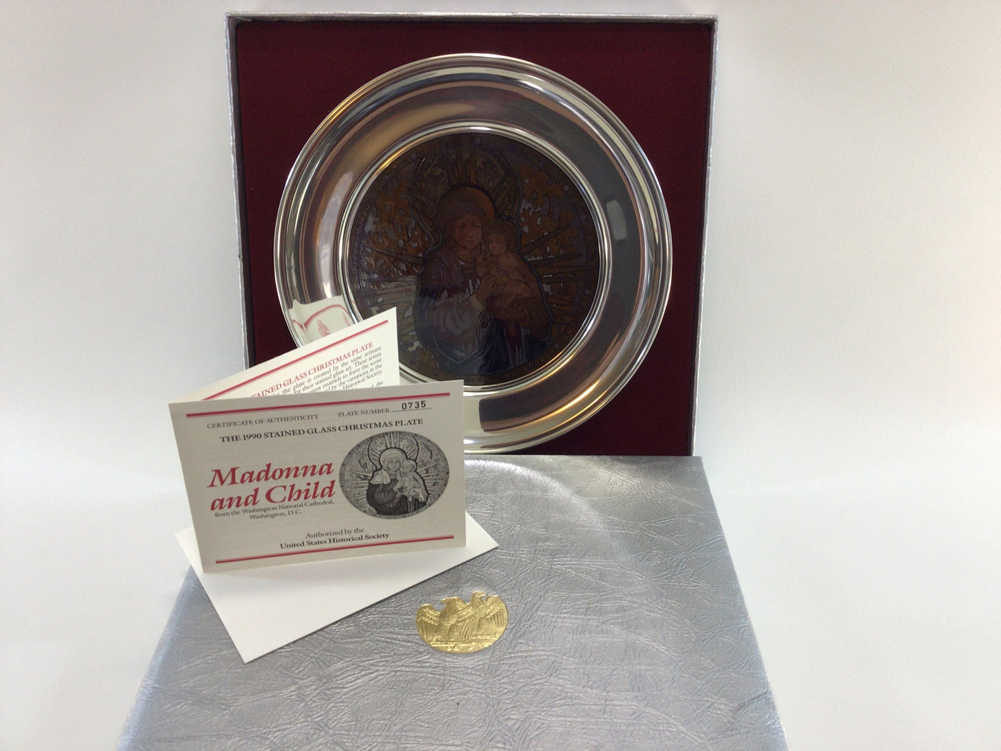 Pewter Stained Glass 10" Plate 1990 Christmas Plate Washington Cathedral Vintage US Historical Society Collector's Series