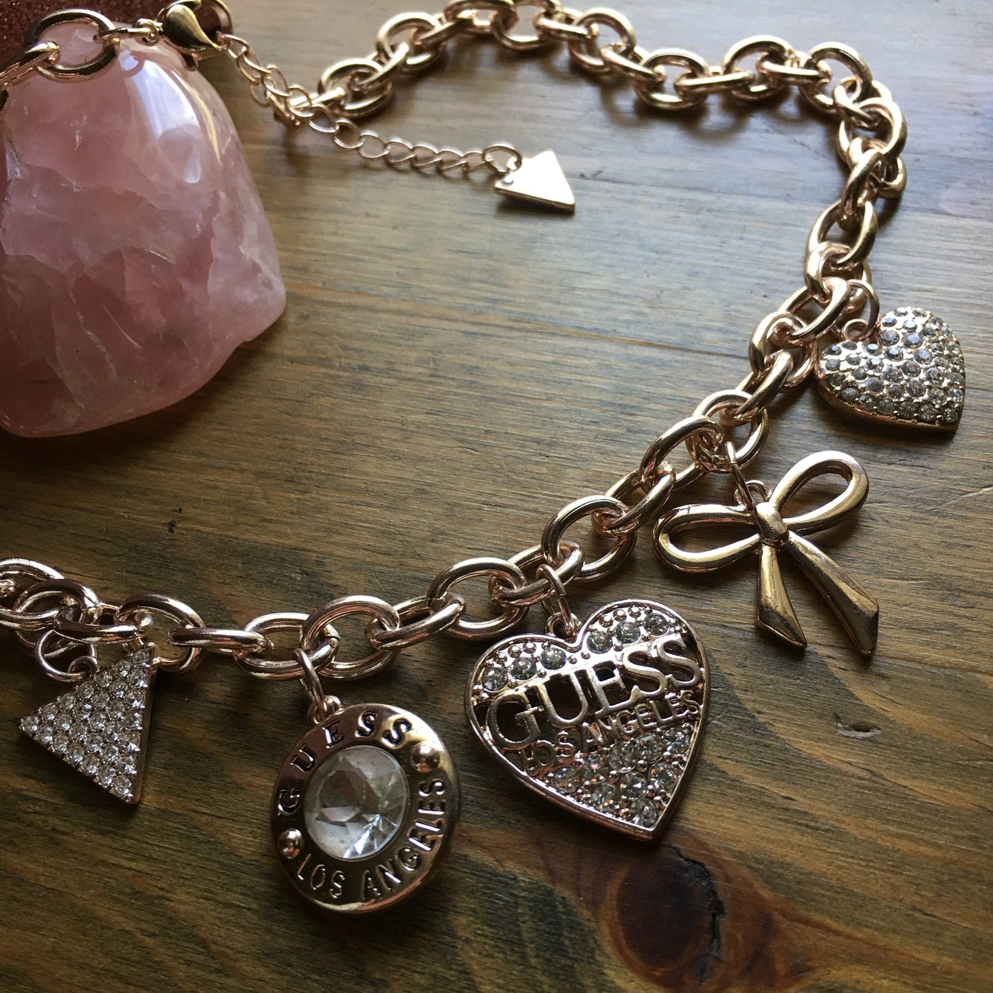 Guess Charm Necklace Light Gold Tone Hearts Rhinestones Bow