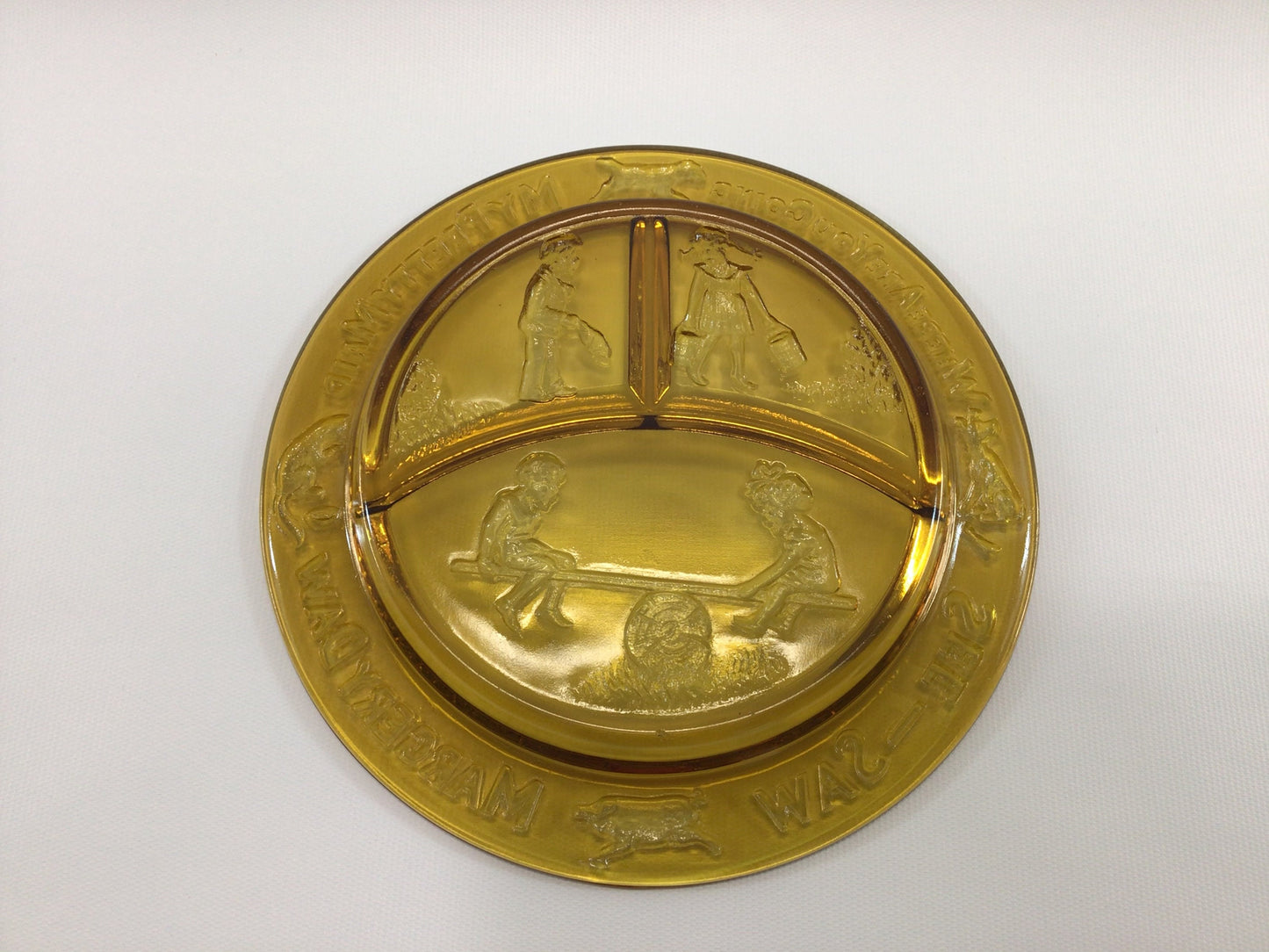 Nursery Rhyme Divided Childs Plate Vintage Amber Glass See Saw Margery Daw