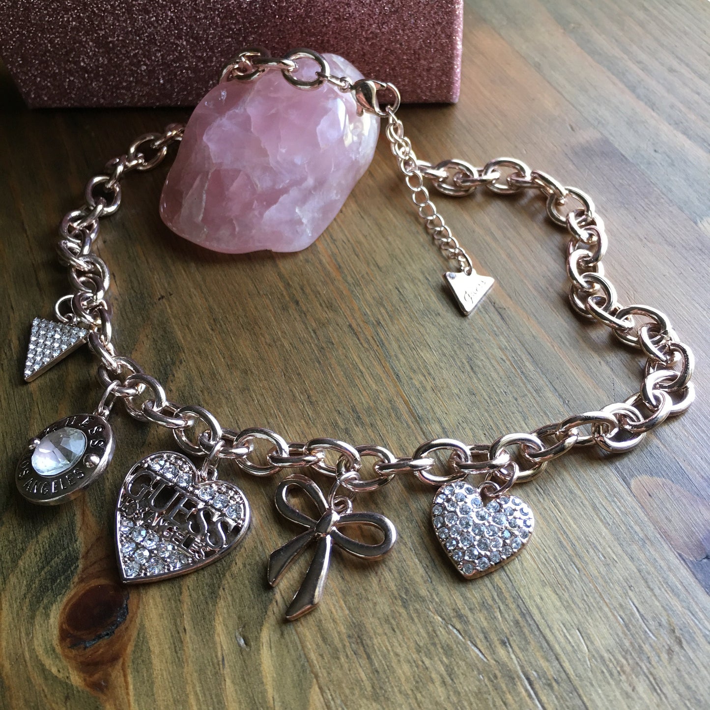 Guess Charm Necklace Light Gold Tone Hearts Rhinestones Bow