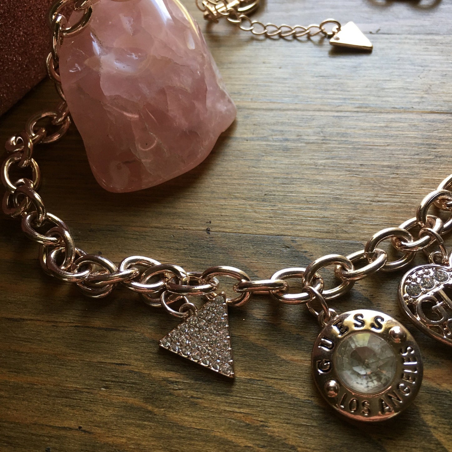 Guess Charm Necklace Light Gold Tone Hearts Rhinestones Bow