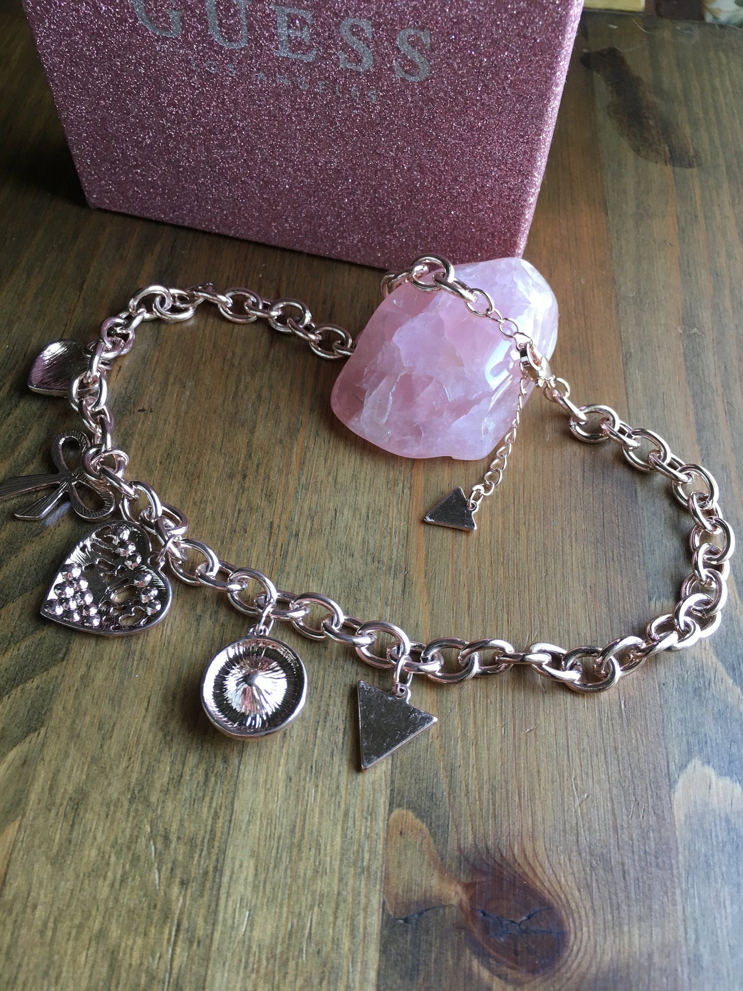 Guess Charm Necklace Light Gold Tone Hearts Rhinestones Bow