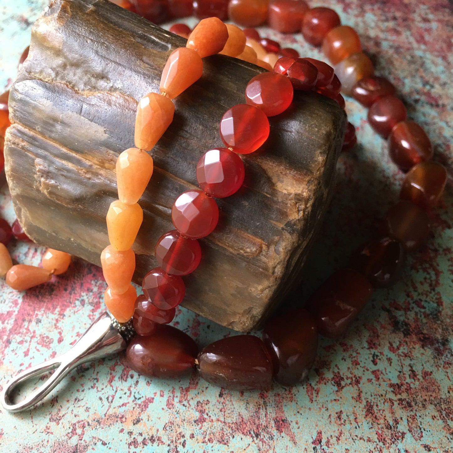 Carnelian Necklace Chunk Faceted Teardrop Multi Strand Natural Stone Signed Claudia Aguelo