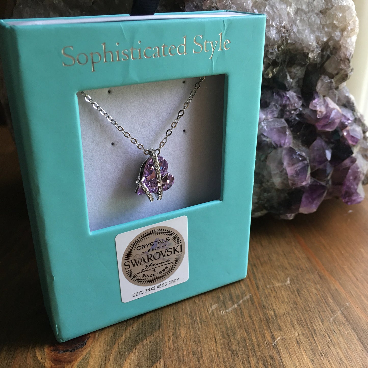 Swarovski Crystal Heart Necklace Lavender White Silver Tone Chain Pendant
