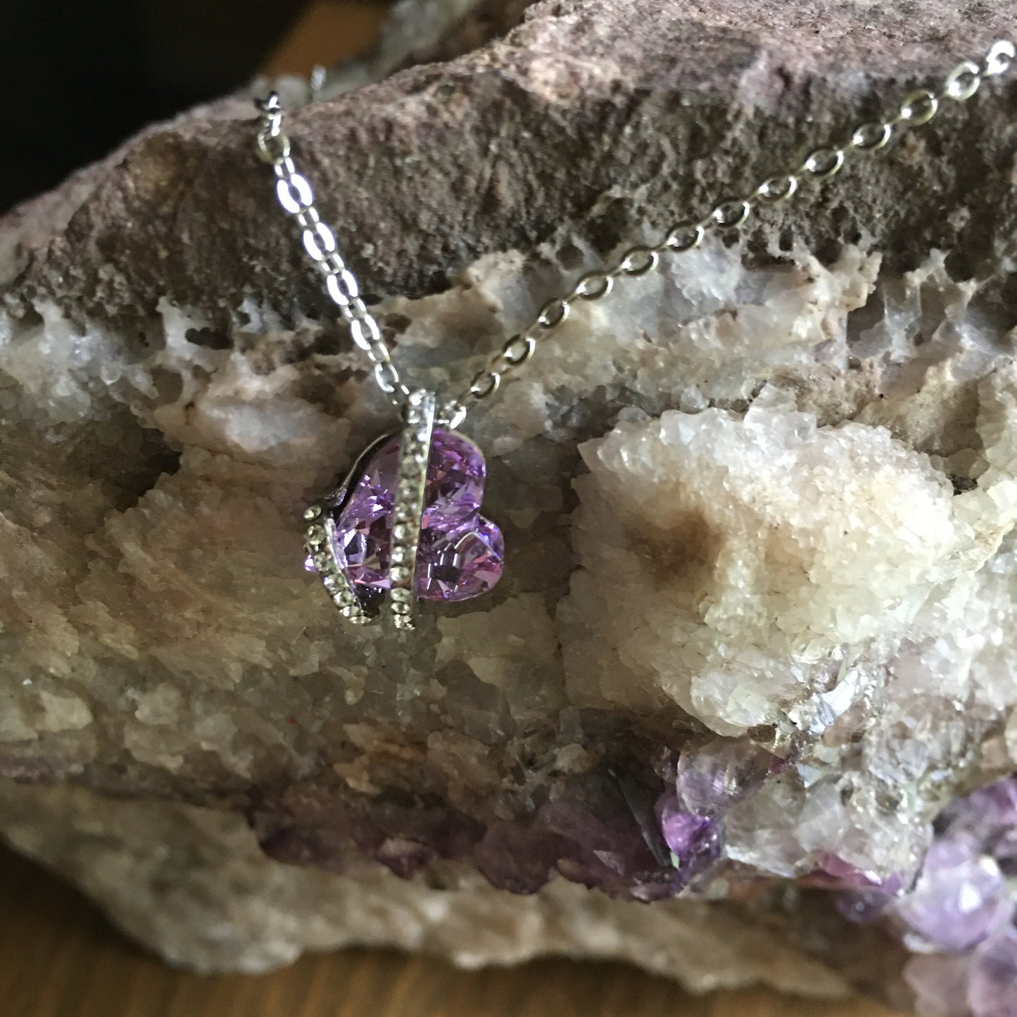 Swarovski Crystal Heart Necklace Lavender White Silver Tone Chain Pendant