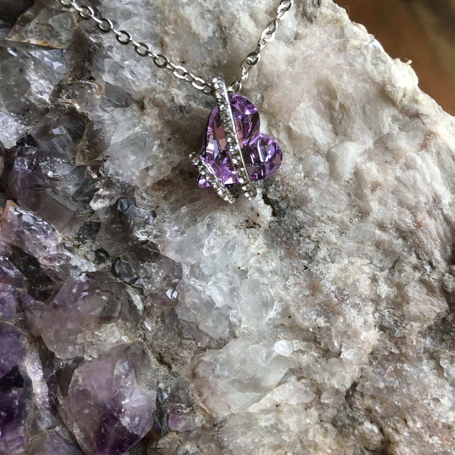 Swarovski Crystal Heart Necklace Lavender White Silver Tone Chain Pendant