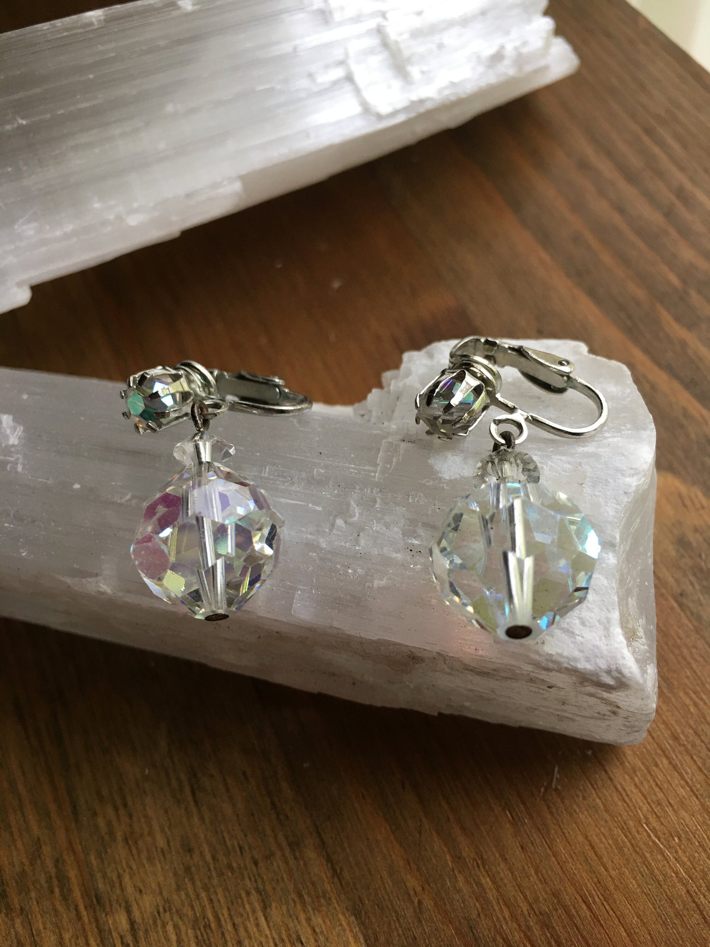 AB Crystal Drop Earrings Signed Laguna Clip On Dangle