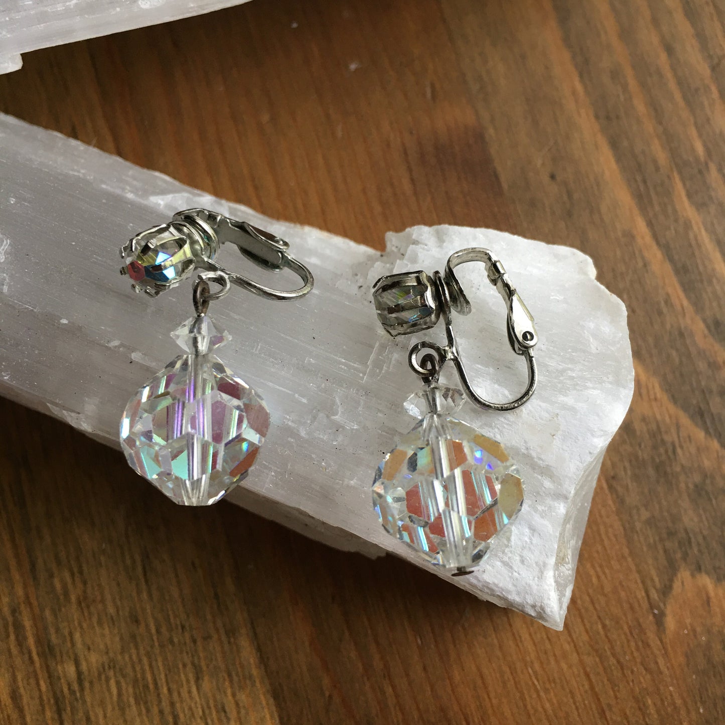 AB Crystal Drop Earrings Signed Laguna Clip On Dangle