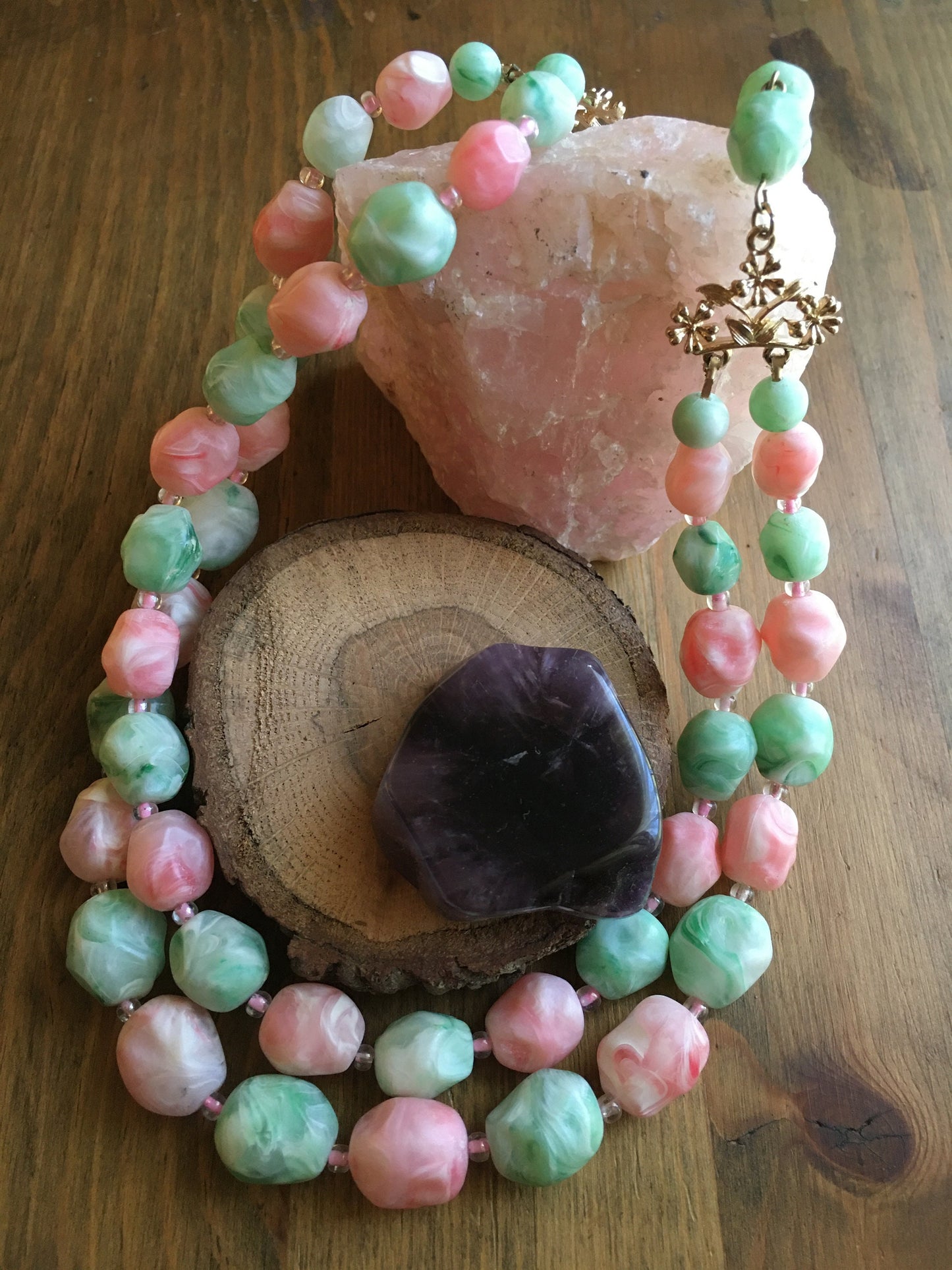 Coro Necklace Coral and Mint Green Bead Double Strand