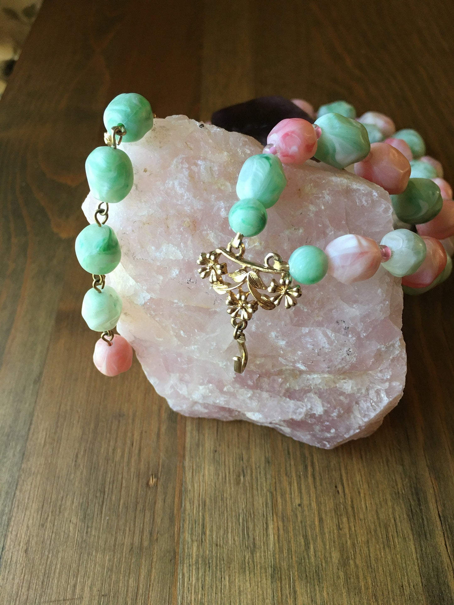 Coro Necklace Coral and Mint Green Bead Double Strand