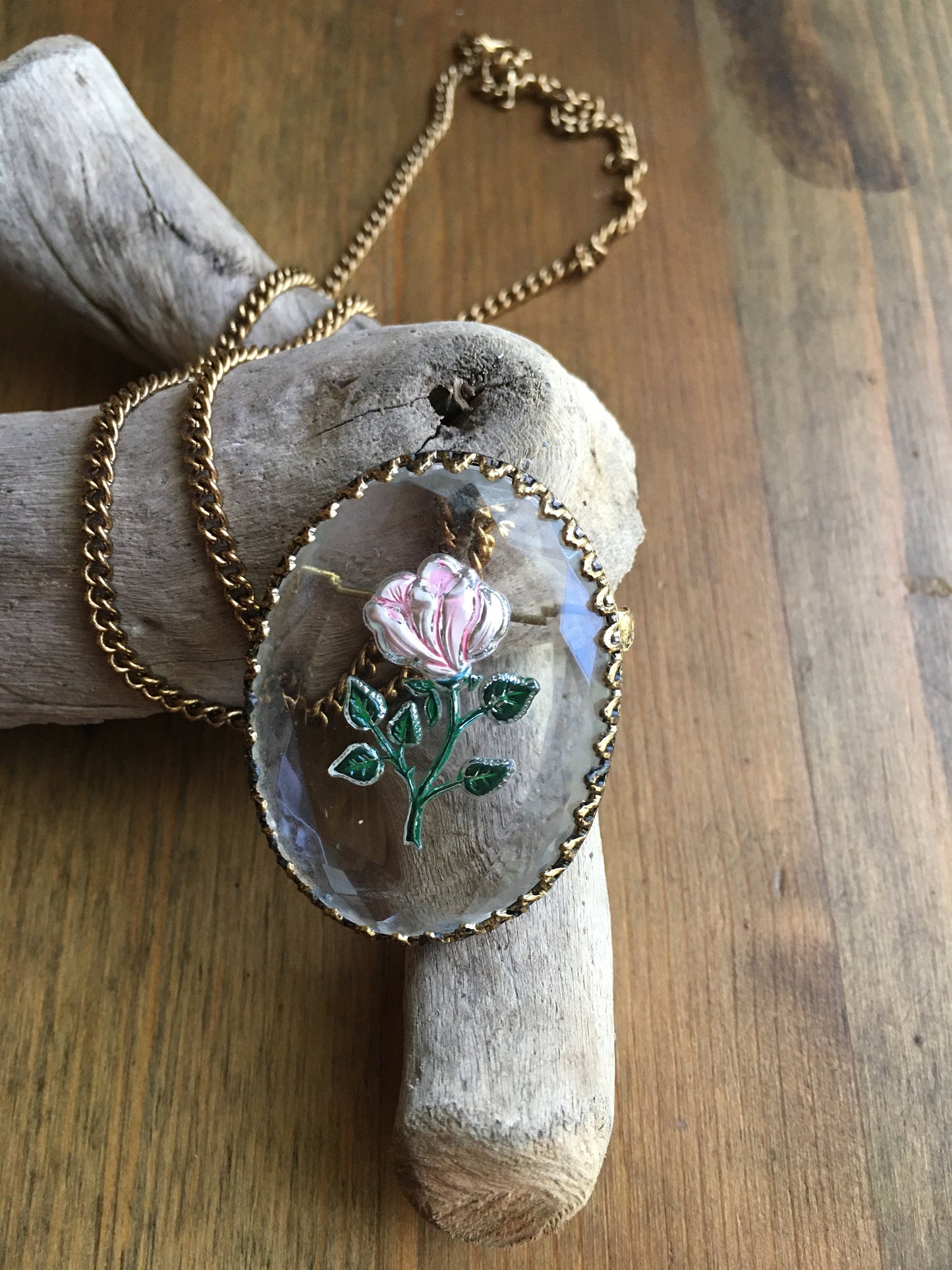 Rose Necklace Brooch Reverse Painted Cut Glass Antiqued Gold Tone Frame