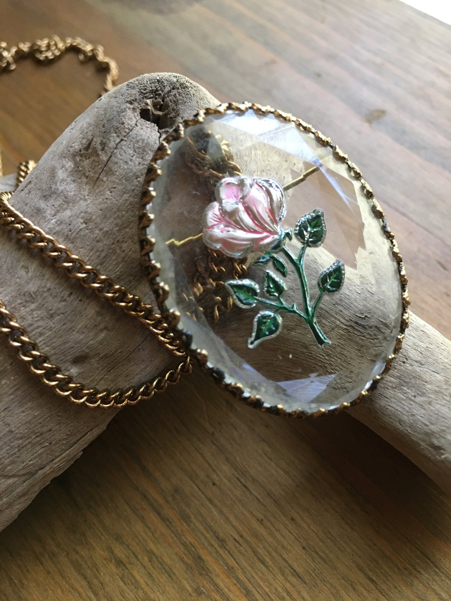 Rose Necklace Brooch Reverse Painted Cut Glass Antiqued Gold Tone Frame