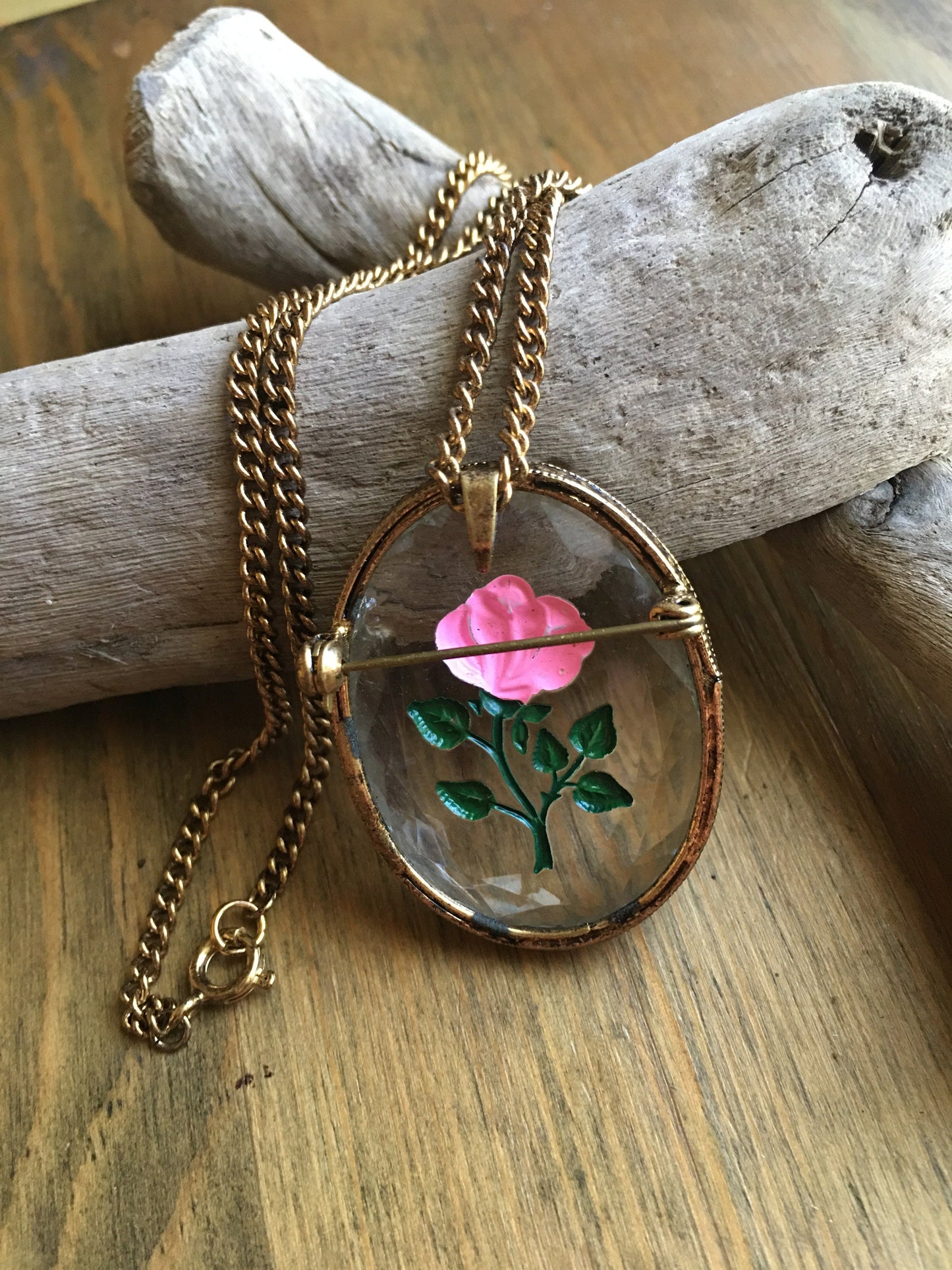 Rose Necklace Brooch Reverse Painted Cut Glass Antiqued Gold Tone Frame