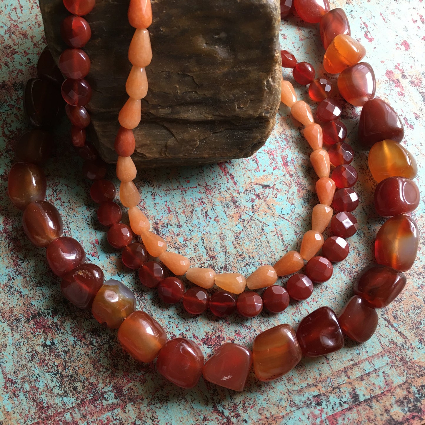 Carnelian Necklace Chunk Faceted Teardrop Multi Strand Natural Stone Signed Claudia Aguelo