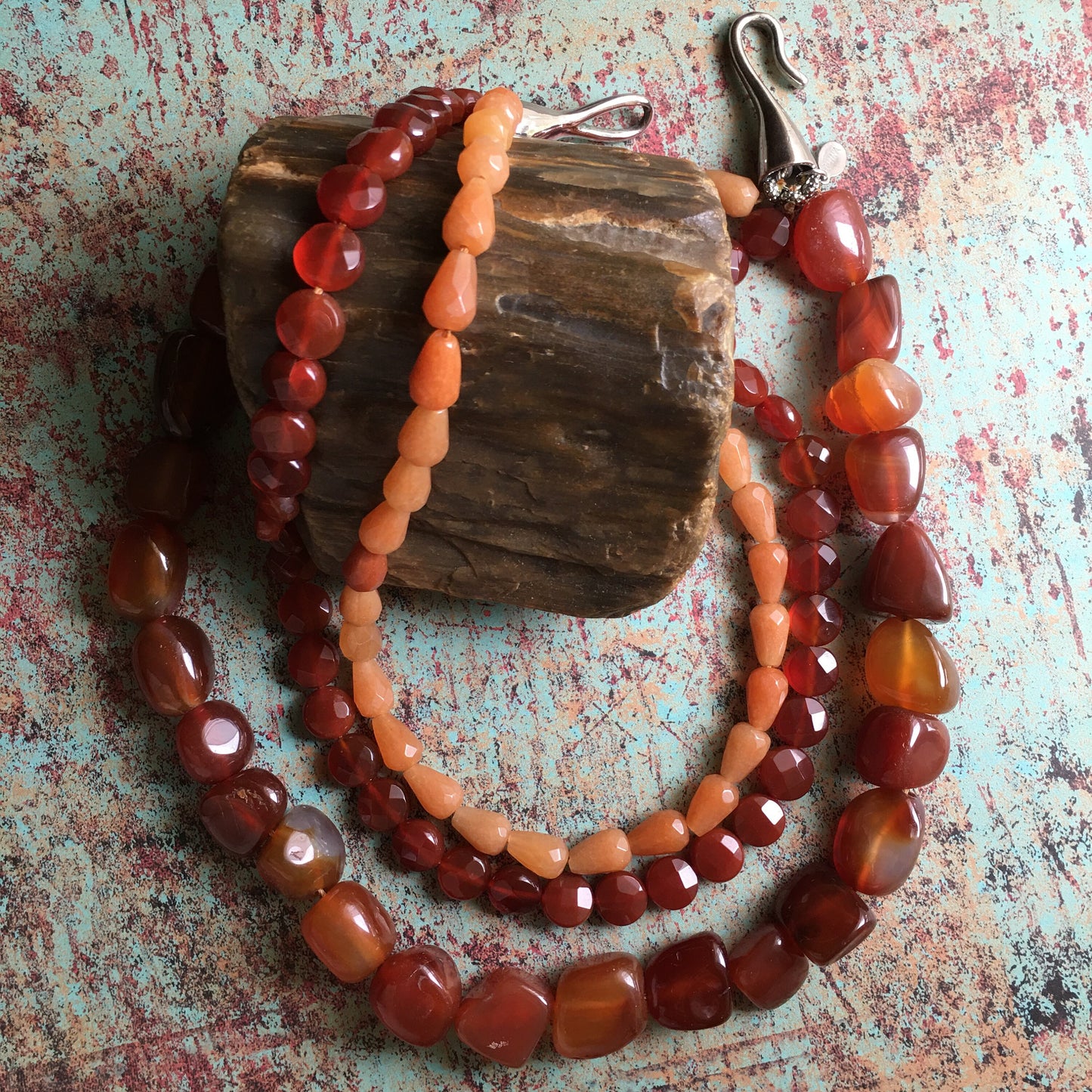 Carnelian Necklace Chunk Faceted Teardrop Multi Strand Natural Stone Signed Claudia Aguelo