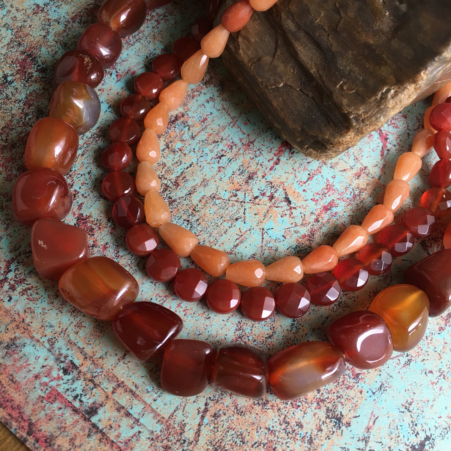 Carnelian Necklace Chunk Faceted Teardrop Multi Strand Natural Stone Signed Claudia Aguelo