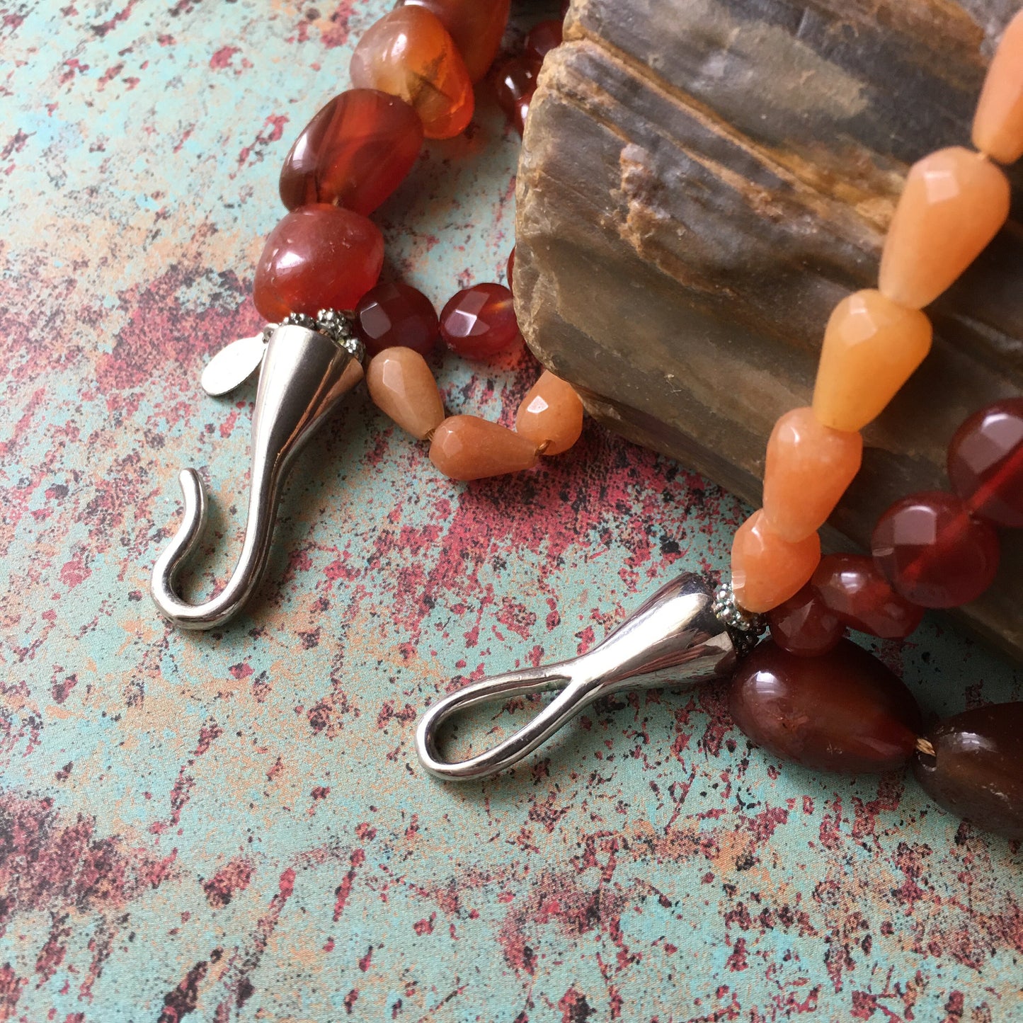 Carnelian Necklace Chunk Faceted Teardrop Multi Strand Natural Stone Signed Claudia Aguelo